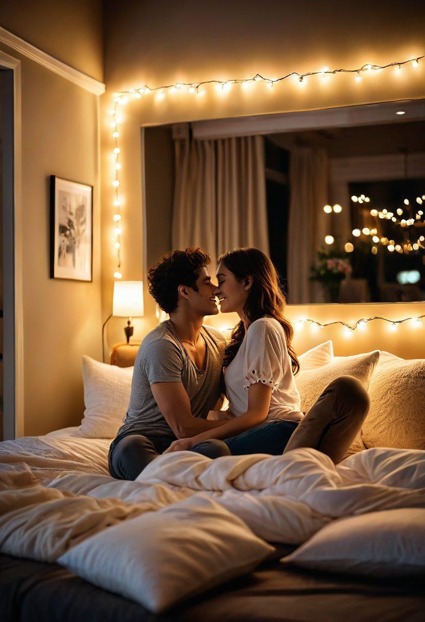 A whimsical yet elegant scene depicting a couple sharing joyful moments while watching an adult film together in a cozy, dimly-lit room filled with plush pillows and soft lighting; the focus is on their laughter and intimacy, with subtle hints of fantasy elements like fairy lights and romantic motifs in the background. Soft-focus effect to evoke warmth and connection. vibrant colors. cozy atmosphere.