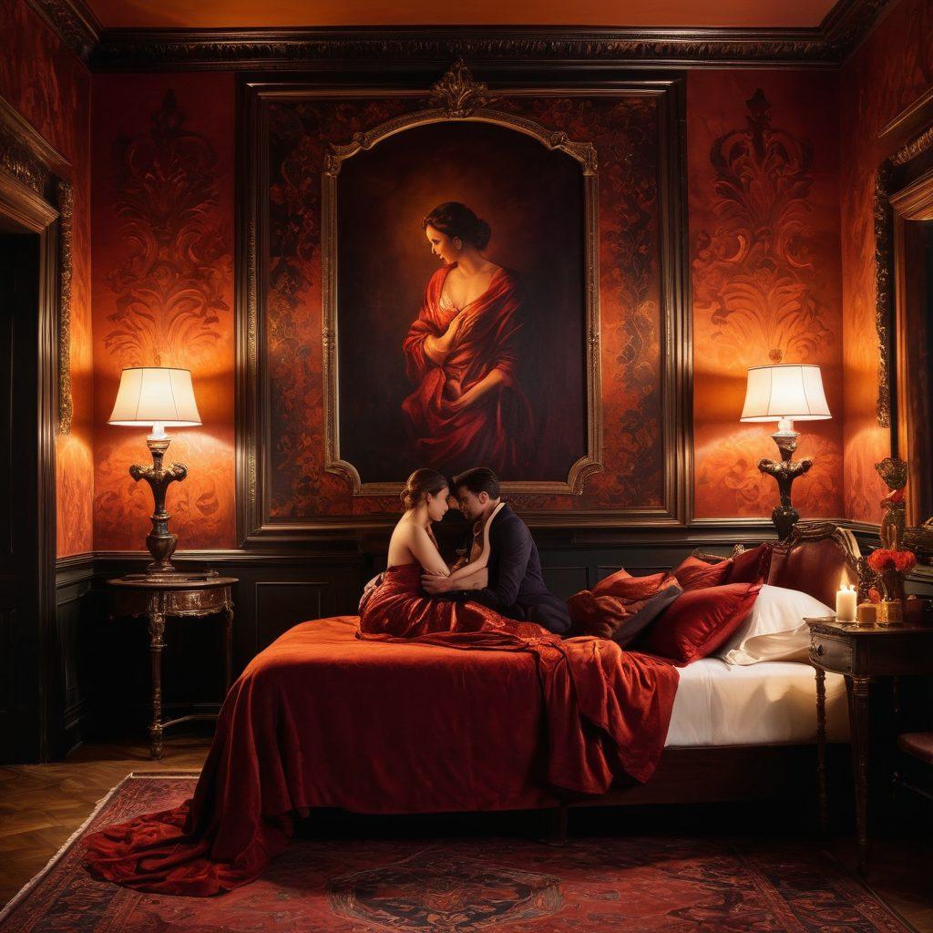 A captivating scene depicting a candle-lit room filled with ornate fabrics in rich, deep colors, conveying a sense of intimacy and allure. In the foreground, a silhouette of a couple embracing, surrounded by soft, flowing shadows. On the walls, abstract art that hints at sensuality creates a warm atmosphere. The entire composition should evoke feelings of passion and intrigue. rich color palette. painting.