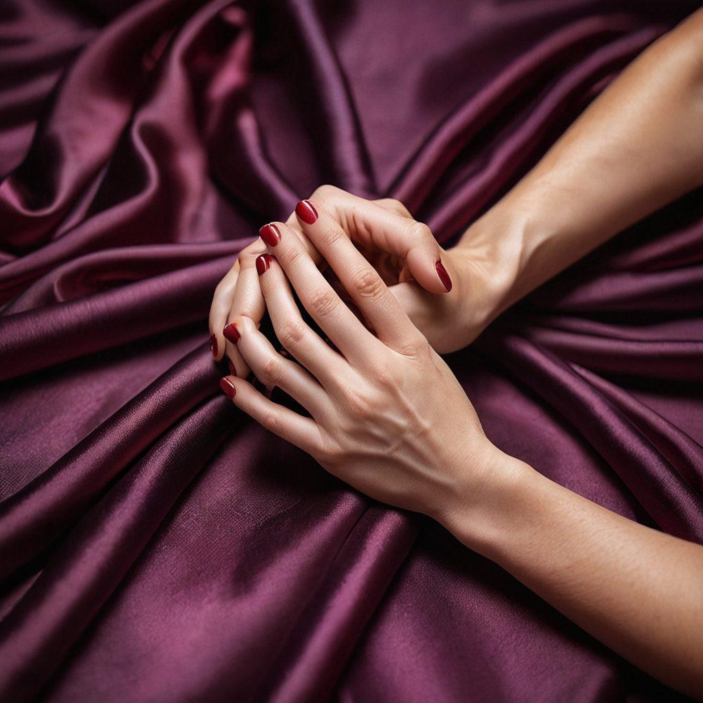 A sensuous close-up of intertwined hands caressing a vibrant, silk sheet, soft lighting creating an intimate atmosphere. In the background, blurred shapes of a couple sharing a passionate embrace, symbolizing connection and intimacy. Rich crimson and deep purple hues evoke feelings of desire and allure. super-realistic. rich colors. soft lighting.